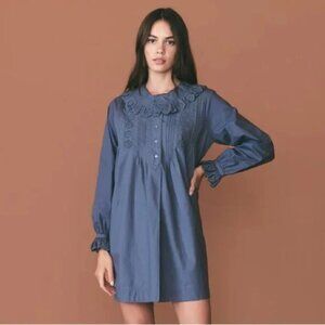 Doen Nerona Cotton Eyelet Ruffle Collar Long Sleeve Dress Atlantic Blue